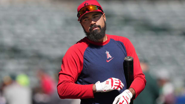 Apr 1, 2023; Oakland, California, USA; Los Angeles Angels third baseman Anthony Rendon warms up before the game against the Oakland Athletics at RingCentral Coliseum. Mandatory Credit: Darren Yamashita-USA TODAY Sports